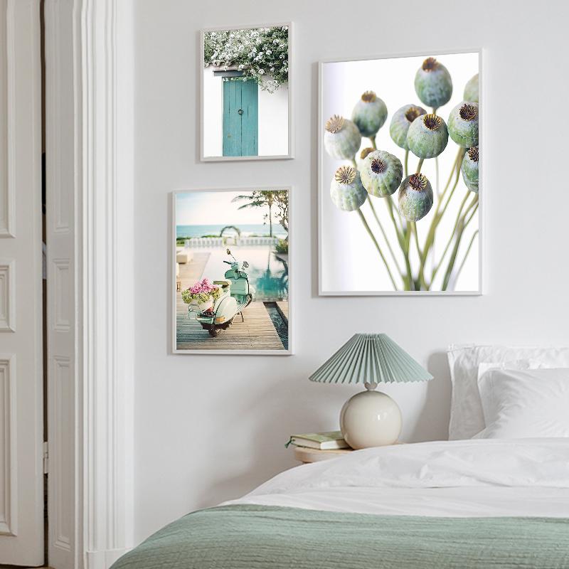 Affiche en toile avec feuilles botaniques vertes, maison nordique, fleur, paysage imprimé, peinture murale, image de plante d'art pour salon et chambre à coucher