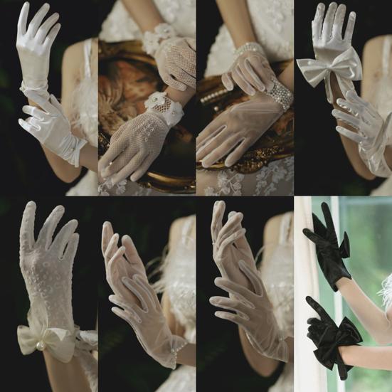 Satin Bride Gloves Short Tulle Wedding Gloves Sheer Wrist Gloves with Bow Faux Pearls for Prom Evening Opera Tea Party
