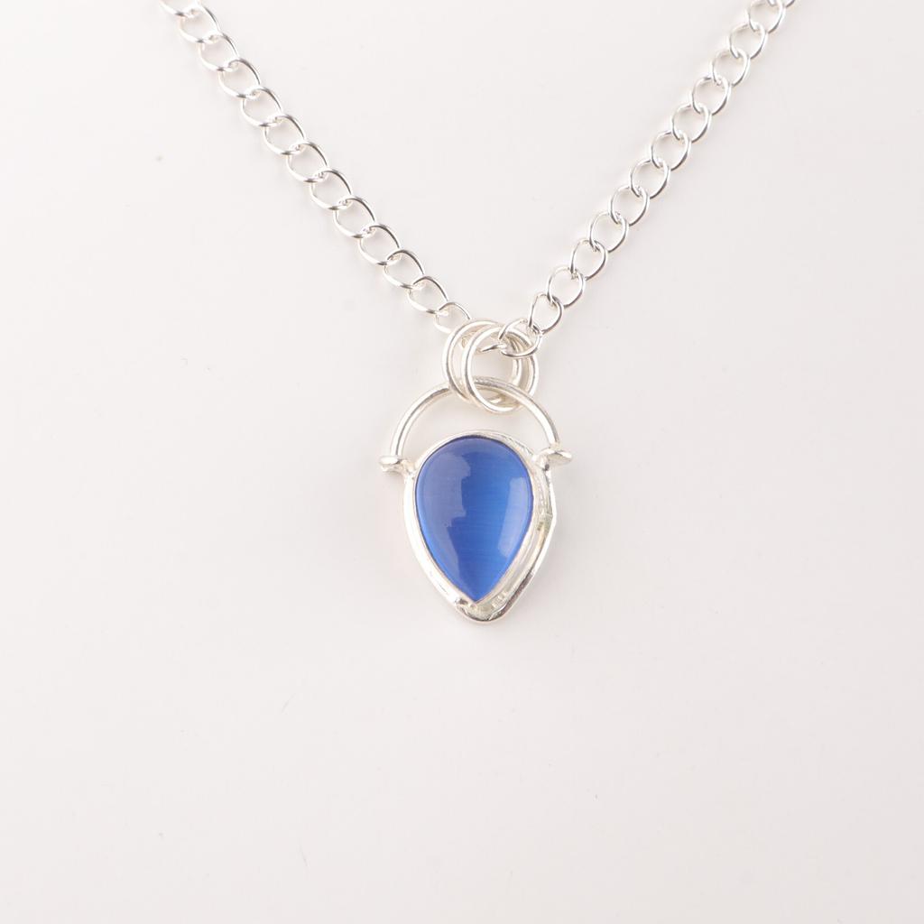 Dark Blue Cat's Eye Gemstone 925 Stamped Silver Jewelry Handmade Unique Pendant PP-56-37