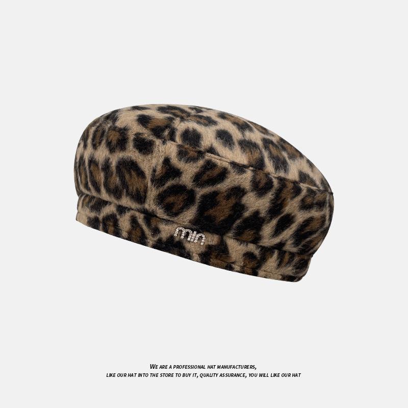 New Leopard Print Beret Literary Retro Autumn and Winter Octagonal Hat Versatile Sweet and Cool Painter Newsboy Hat Trend