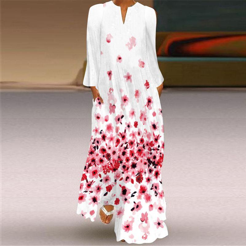 2025 Spring and Summer Fashion New Women's Retro Butterfly Print Long Dress Chiffon V Neck Long Sleeves Pocket Dress