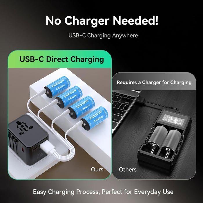 ENEGON Lot de 4 Piles Rechargeables C/LR14 7400 mWh avec LED Tactile &amp; USB-C pour Radios, Jouets, Éclairage d'Urgence