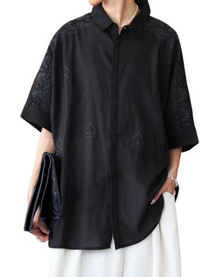 Antiqua Women's Indian Cotton Embroidered Shirt, Short Sleeve, IYZ-00003, One Size 05, Black