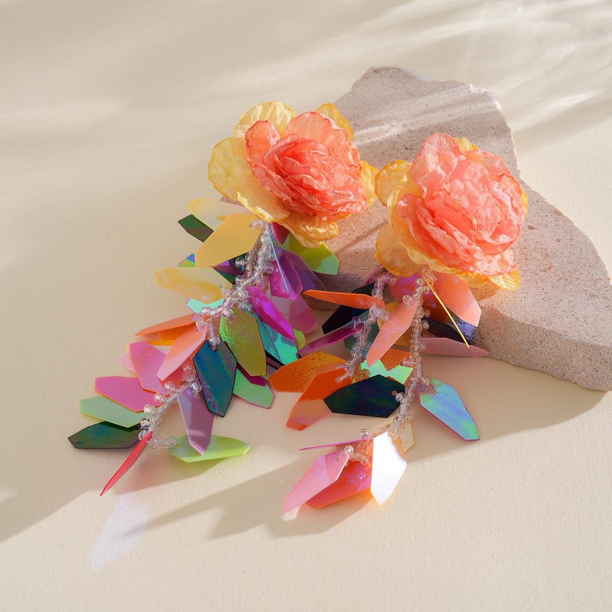 Glass Chiffon Sequins Flower Silver Needle Earrings Vacation Wind Stud Earrings