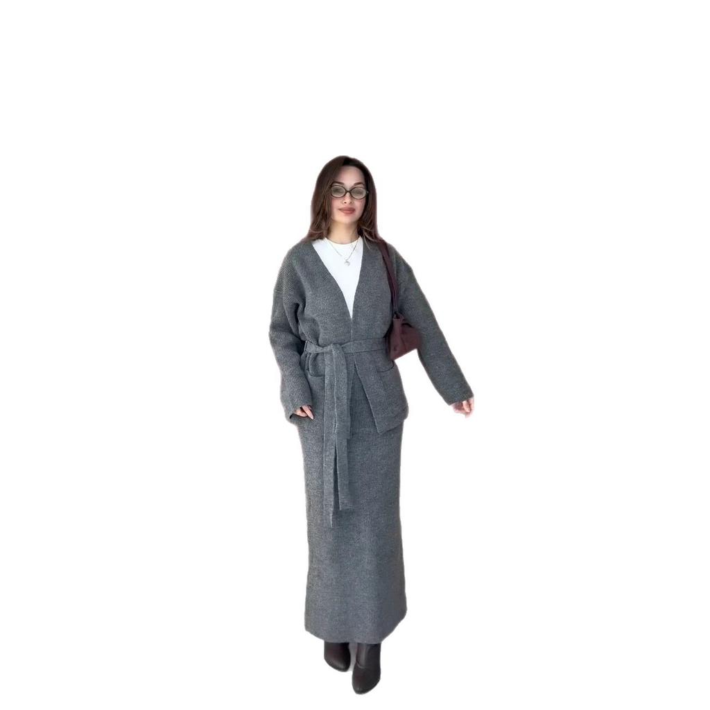 2025 cross-border European and American autumn new cardigan temperament V-neck lace-up waist half-body hip skirt women's leisure