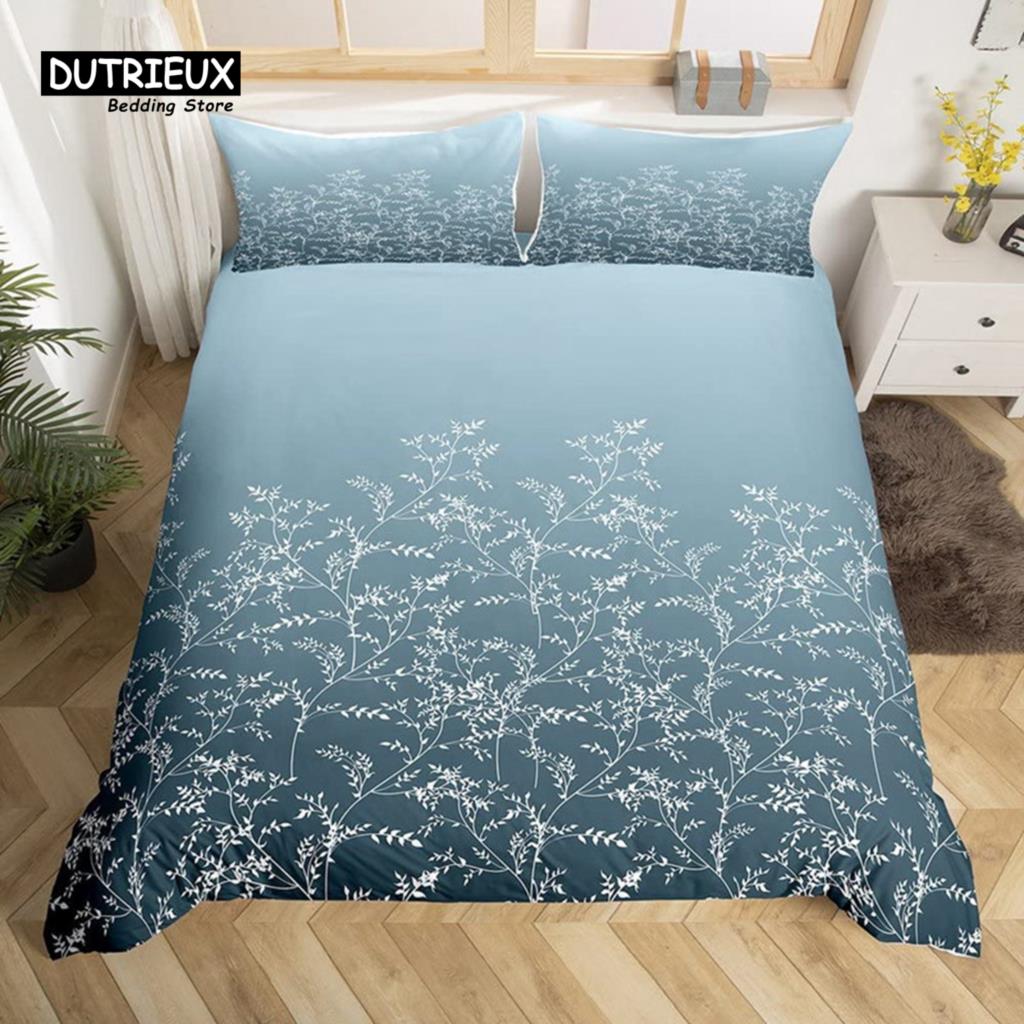 Gradient Color Duvet Cover Woodland Botanical Bedding Set Nature Rustic Tree Branch Leaf Comforter Cover Queen For Kids Adults