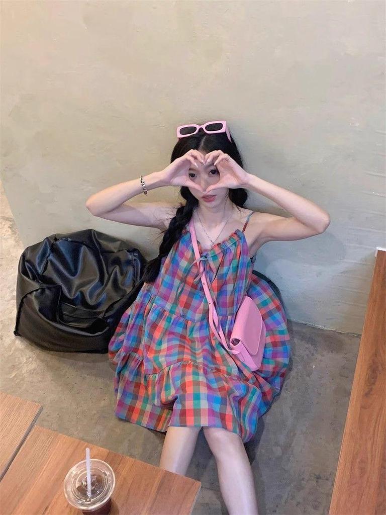 Korean Rainbow Plaid Suspender Dress - Women's Summer Sweet Loose Fit