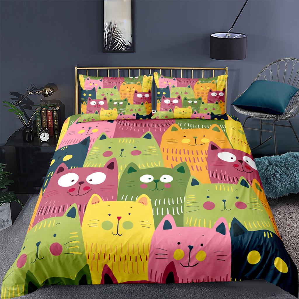 Cat Duvet Cover Polyester Pattern With Hipster Playful Feline Characters, Decorative 3 Piece Twin Bedding Set With 2 Pillow Sham