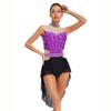 Women Lyrical Dance Dress Mock Neck Sleeveless Backless with Shiny Rhinestones Color Block Mesh