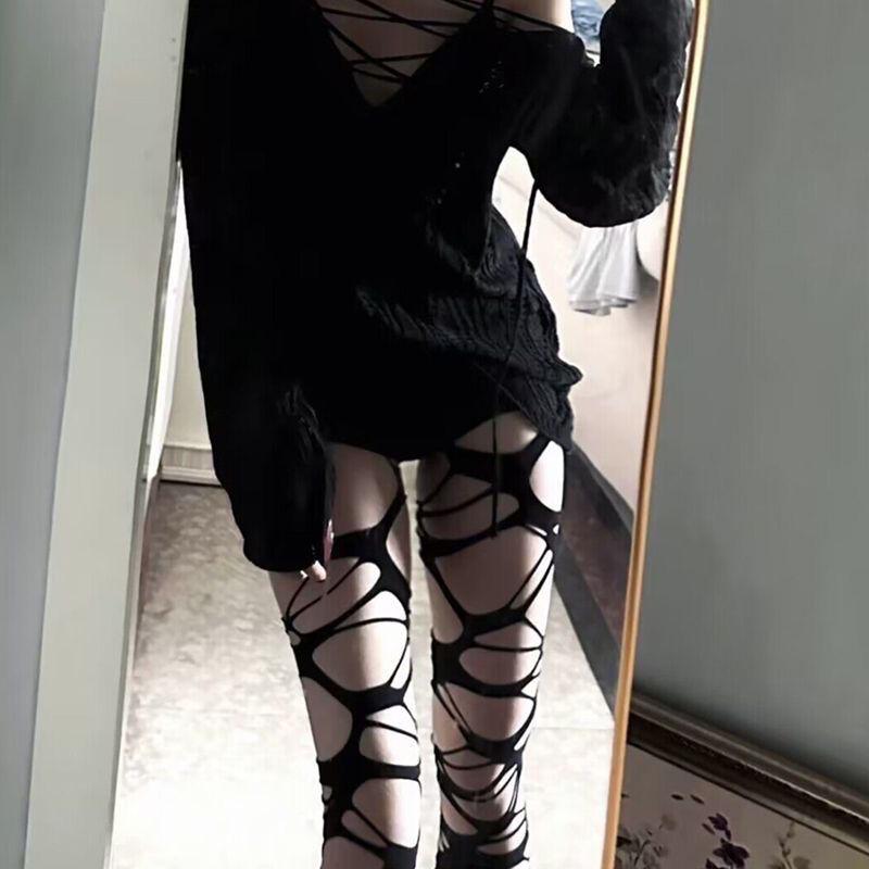 

Черные рваные готические панк чулки в сетку - Колготки субкультуры горячих девушек One Size
