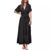New Boho Swiss Dot Maxi Dress for Women, V Neck Flowy Short Sleeve Tie Waist A Line Long Dress