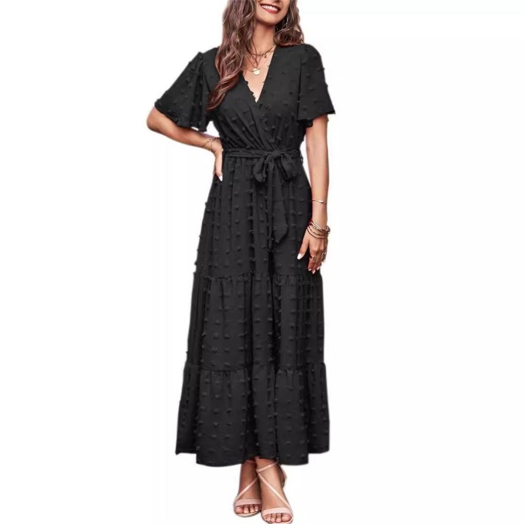 New Boho Swiss Dot Maxi Dress for Women, V Neck Flowy Short Sleeve Tie Waist A Line Long Dress