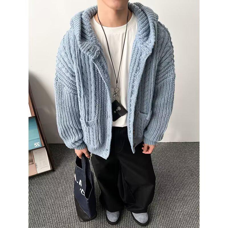 Men's Retro Chunky Knit Cardigan: Versatile Japanese Jacquard Sweater with Big Pockets.