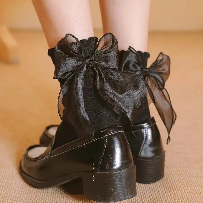 Girls Soft White Lace Lolita Socks Ribbon Bow Socks Women's Mid-Calf Cute Ruffle Frilly Ankle Socks Japanese Style Dress Hosiery