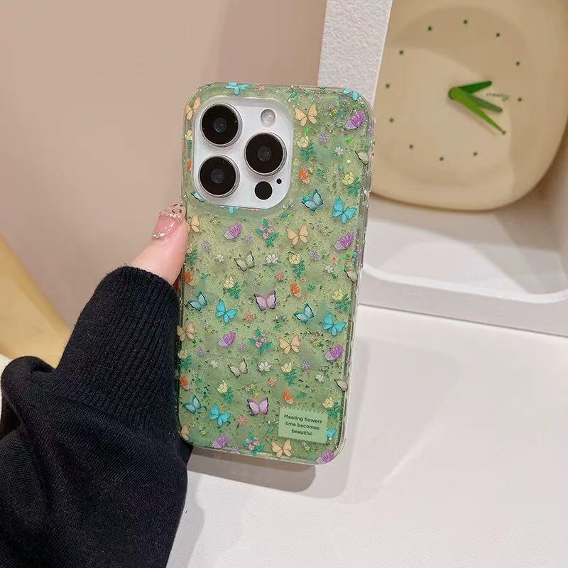 

Summer Green Glitter Butterfly Crossbody Phone Case for iPhone 13/14/15/16 Pro Max iPhone 15 Pro