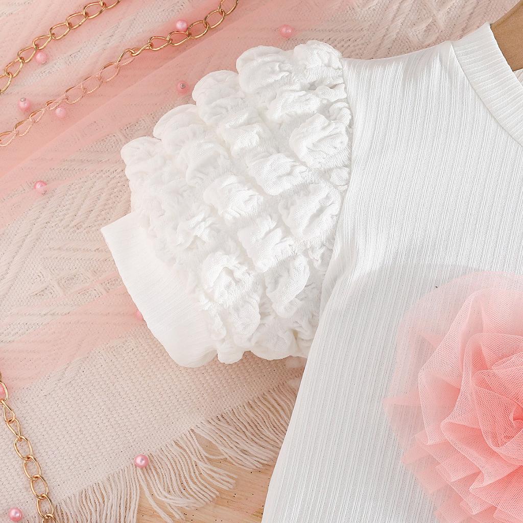 New Girls' Puff Short Sleeve Top with Heart Bow Short Skirt Set Fashion Set
