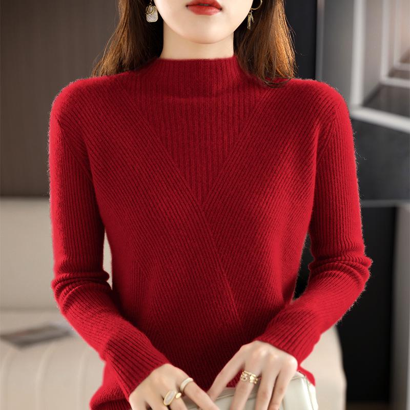 Women's High Neck Slim Fit Wool Sweater - Stylish, Thick, Versatile Long Sleeve Knitwear for Autumn and Winter