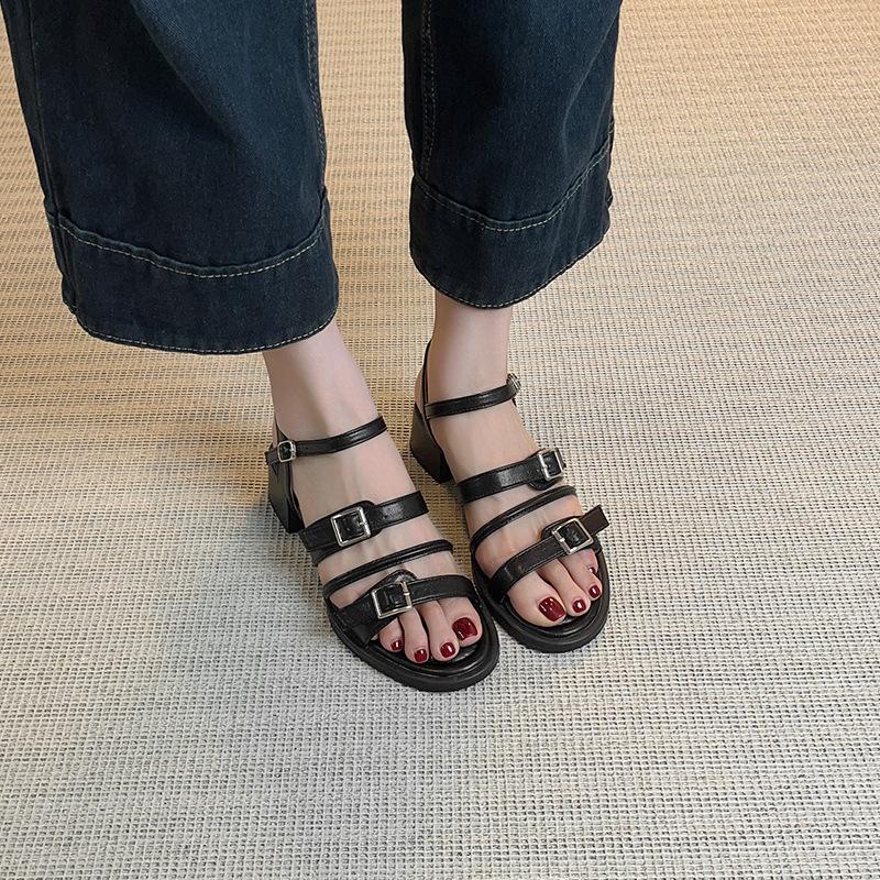 Holiday wind summer fashion outer wear open-toed sandals thick heel belt buckle stepping on shit feeling retro middle heel Roman sandals women