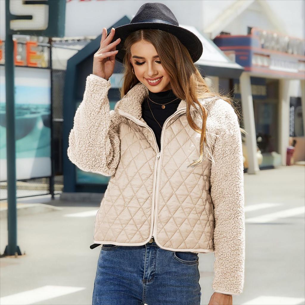 Autumn and Winter Women's Cardigan Jacket with Zipper Long Sleeved Plush Patchwork Jacket for Women