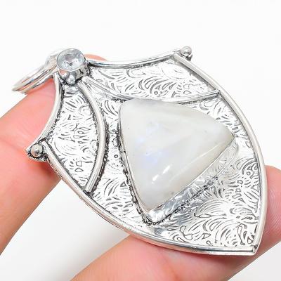 Natural Rainbow Moonstone, White Topaz 925 Sterling Silver Pendant 2.76" P0r17