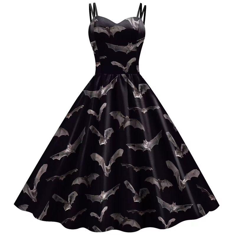 

Fashion Halloween Bat Pumpkin Cartoon Printed Sexy Sling Silm Sling Large Swing Dress Female Dress 9753 M