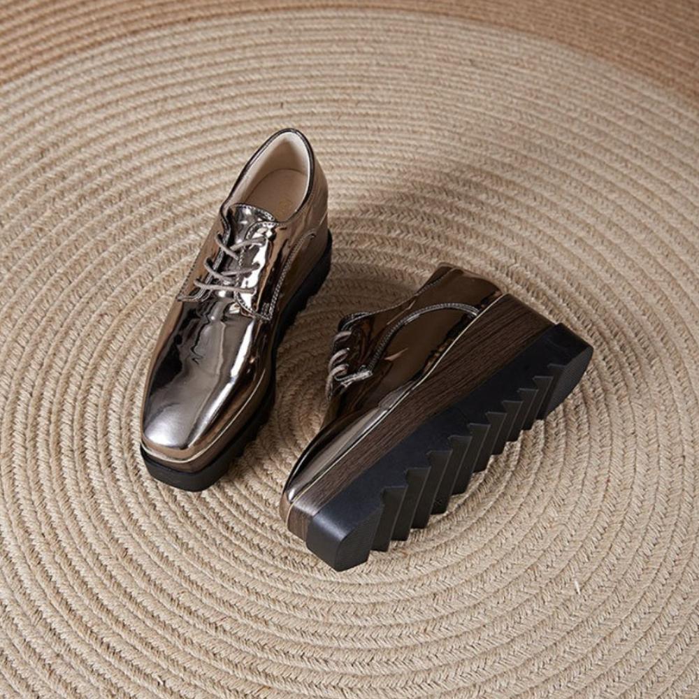 2026 Autumn Women Square Toe Patent Leather Wedge Platform Pumps, British Style Height‑Increase Versatile Thick‑Sole Casual Leather Shoes HZB‑761‑8
