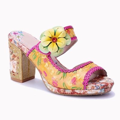 Echtes Leder Retro Dreidimensionale Blume Handgemalte Bequeme Sandalen mit Hohem Absatz