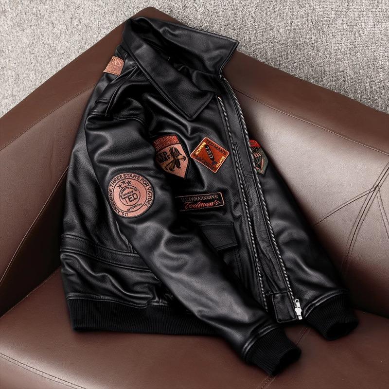 Genuine Sheepskin Leather Jacket for Men Faux Fur Collar Quilted Lined Stylish Bomber Flight Coat