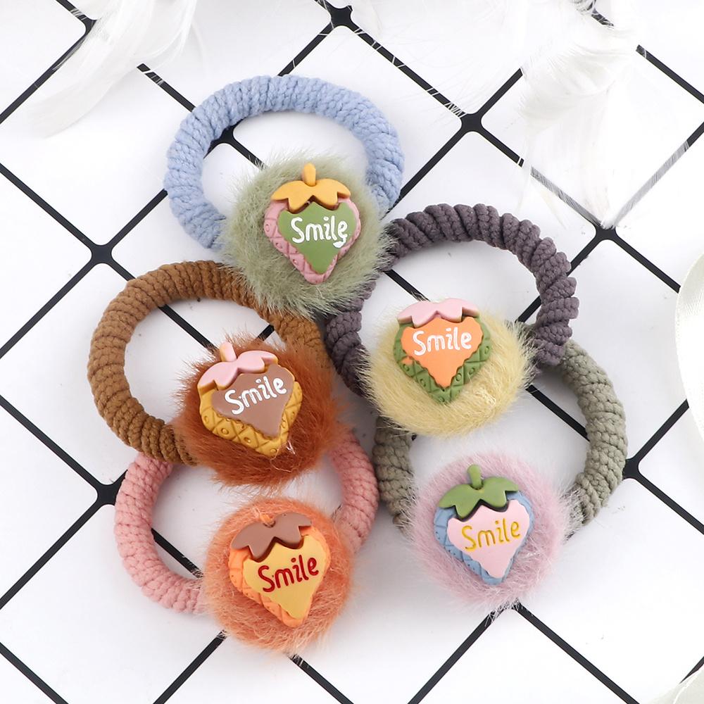 2PCS Sweet Colorful Hair Bands for Kids Girls Furry Fruits Bowknot Heart Winter Hair Ties Elastic Headband Hair Accessories Gift