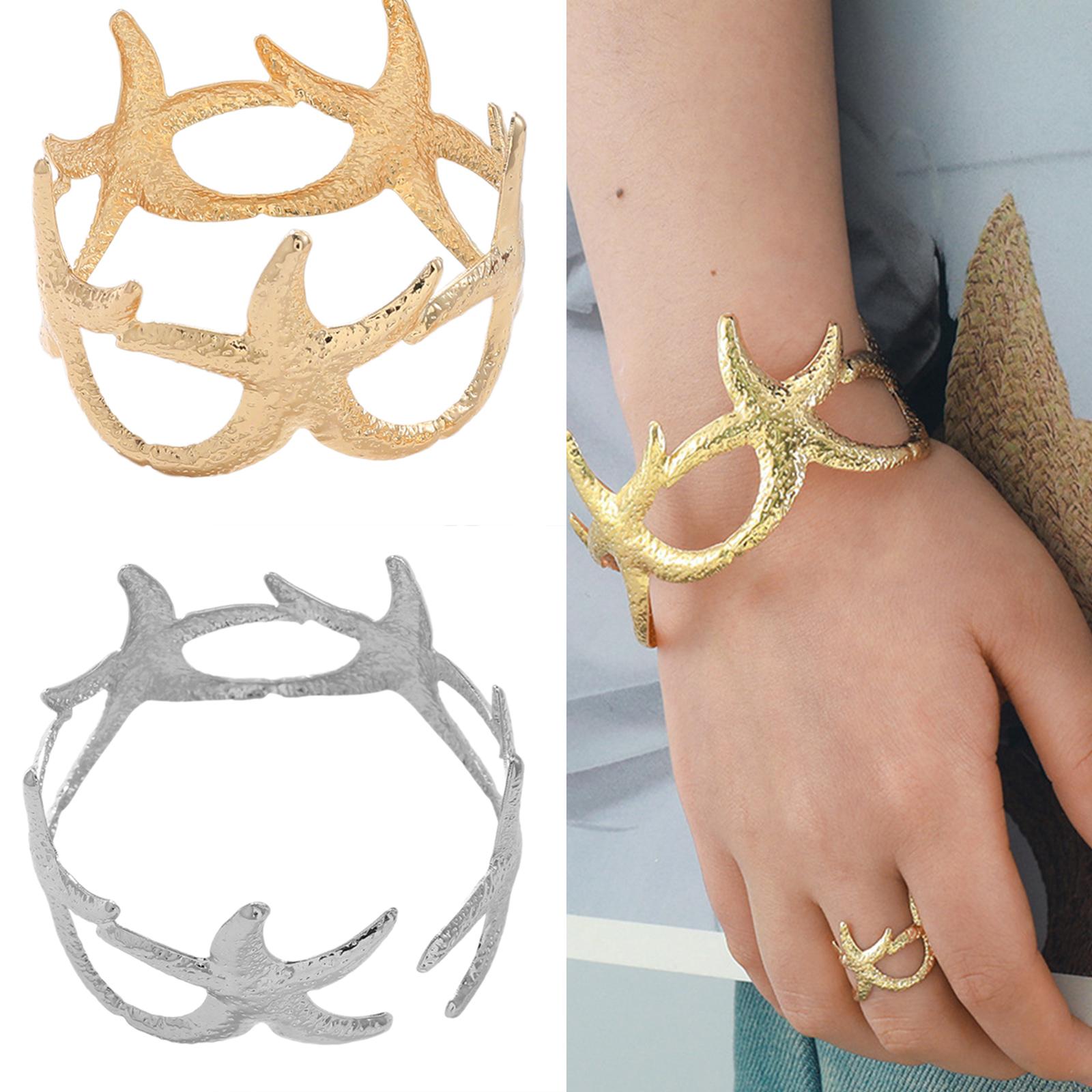 

Fashionable Hollow Starfish Bracelet and Rings Set Elegant Adjustable Rings Perfect for Daily and Social Occasions срібний