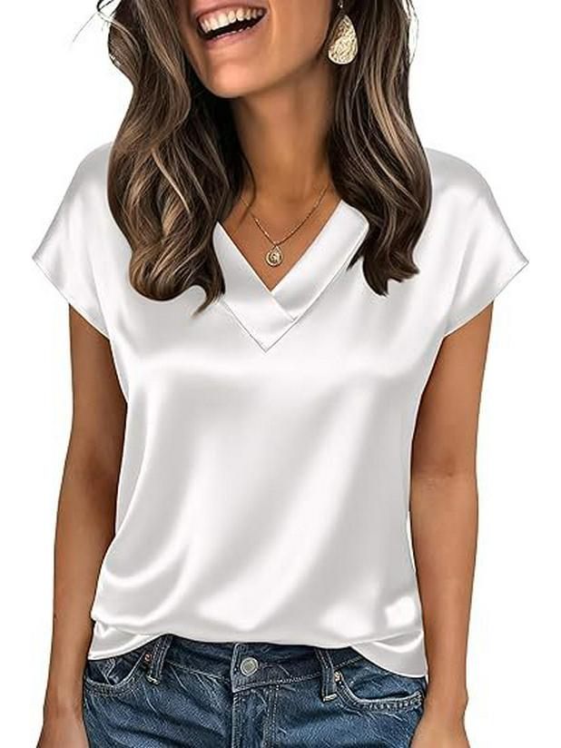 2026 Vår/Sommar Elegant Silke V-ringad Kortärmad Dam T-shirt