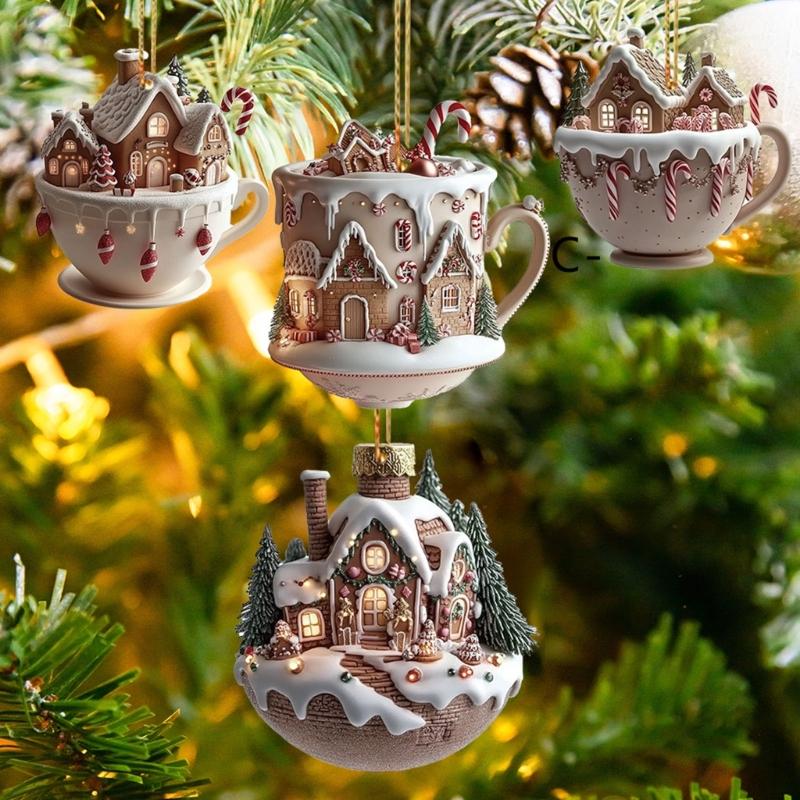 Acrylic Christmas Tree Ornament Cottage Warm Little Coffee Cup Hanging Decoration For Home Coffee House Plant