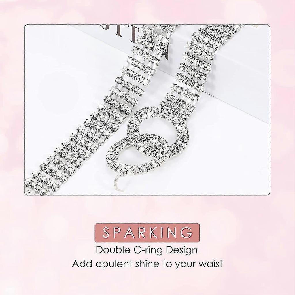 Women Rhinestone Belt Silver Shiny Diamond Fashion Crystal Ladies Double O-ring Waist Belt For Jeans Dresses