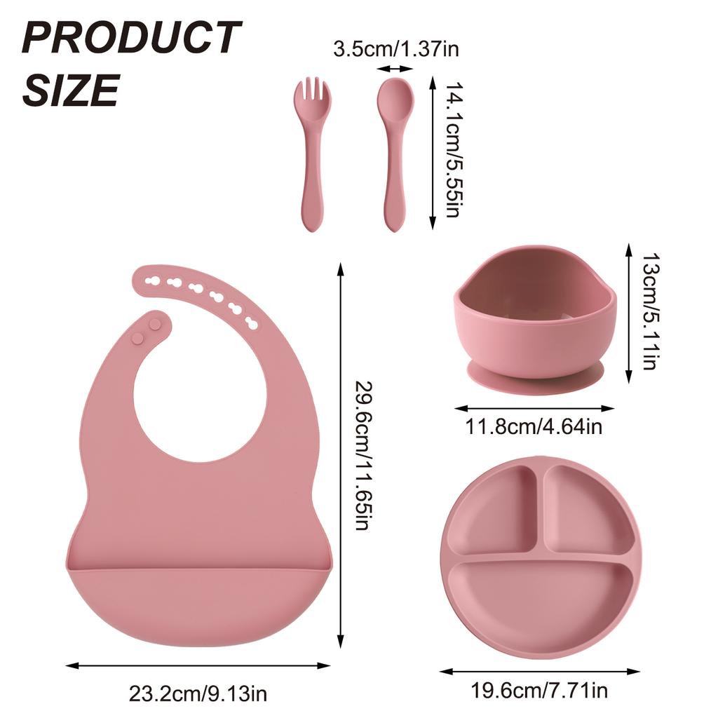 Color Kids 5-teiliges Silikon Baby Fütterungsset Saugteller Teller BPA-frei Saug-Schüssel Lätzchen Löffel Gabel Trainingsgeschirr Geschenkset