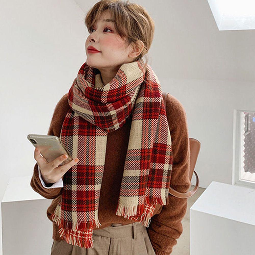 Winter Double-Sided Houndstooth Ins Style Plaid Wrap Neckerchief Christmas Muffler Women Scarf