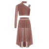 Complete Lyrical Performance Outfit for Girls Unique Shoulder Design Crop Top & Flowy Irregular Hem Mesh Skirt Set