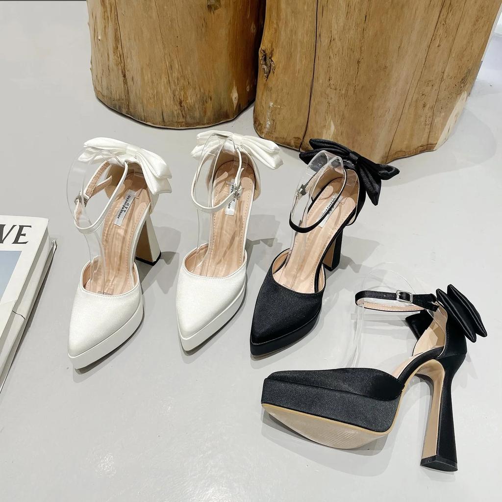 High Heels Women 2025 Summer New Fashion Satin Face High Heel Sandals Bow One Word Buckle Pointed Toe Thick Heel Women's Shoes