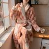 Autumn/Winter Women's Coral Fleece Bathrobe: V-neck, Belted, Long Sleeves, Mid-length, Sweet Style, Warm Homewear.