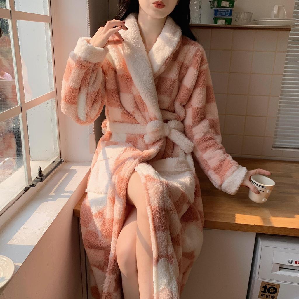 Autumn/Winter Women's Coral Fleece Bathrobe: V-neck, Belted, Long Sleeves, Mid-length, Sweet Style, Warm Homewear.