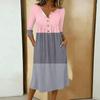 Women's Fashionable Color Printed Round Neck 3/4 Sleeve Button Collar Mid Length Casual Dress