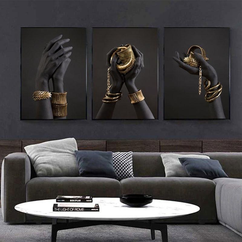 Black Hand With Gold Bracelet Painting On Canvas Modern African Posters Prints Wall Art Pictures for Living Room Home Decor