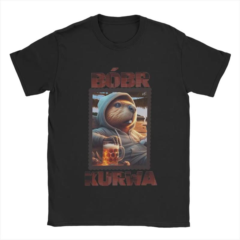 Bobr Bober Kurwa Beaver Boberek Beer And Football TShirts for Unisex Pure Cotton T Shirts Short Sleeve Tee Shirt Party Clothes S