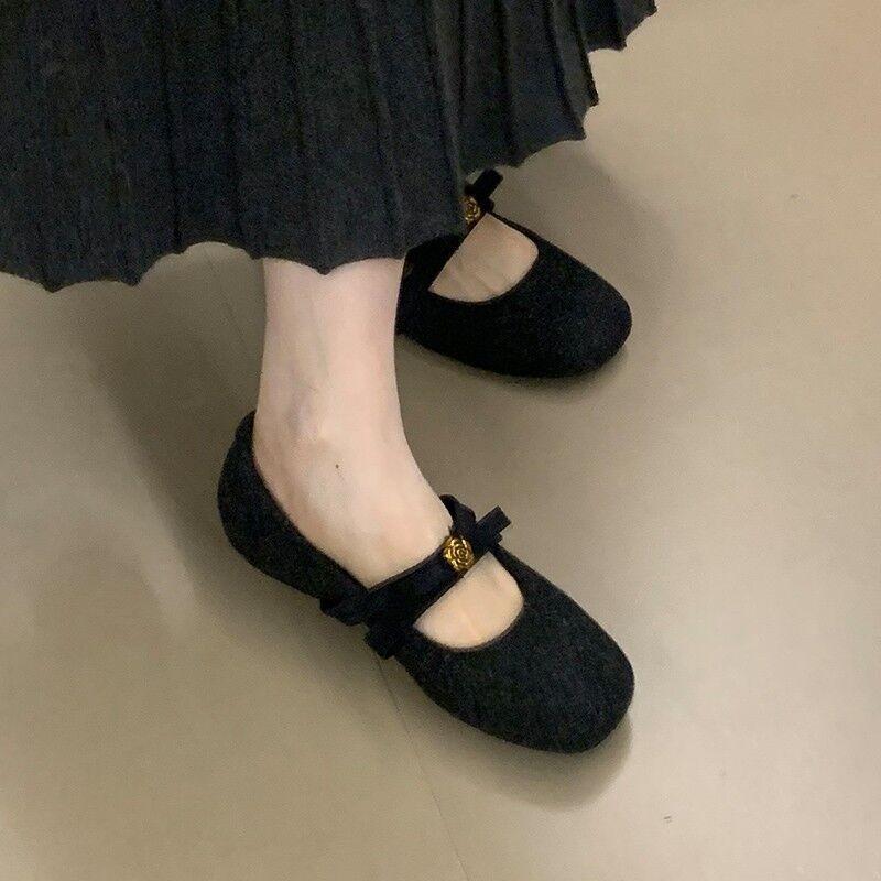 

Gentle versatile velvet bow Mary Jane shoes autumn and winter new sweet camellia fluffy shoes 40 чорний
