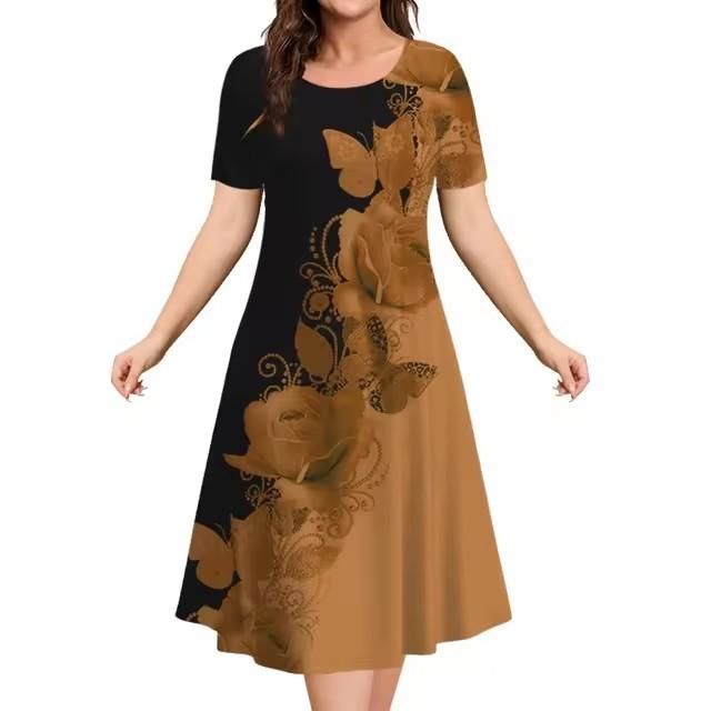 Elegantes Damen-Mode-Midikleid mit kurzen Ärmeln und 3D-Druck, Übergröße, Strandbekleidung