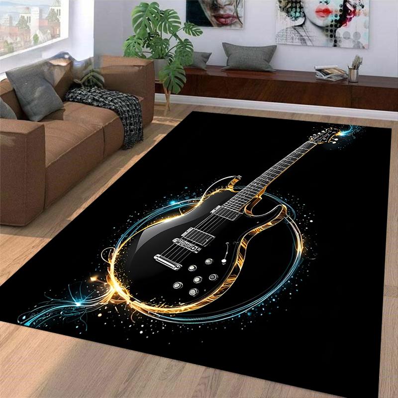 Electric Guitar Pattern Carpet with Black Background and Colorful Glow Suitable for use as an anti-slip for living room bedroom sofas