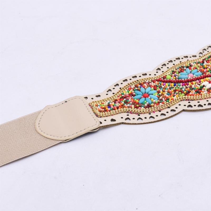 Bohemian Stretch Waist Belt Waistband with Ethnic Beads Accent Adjustable Wide Cinching Band for Dresses and Skirts
