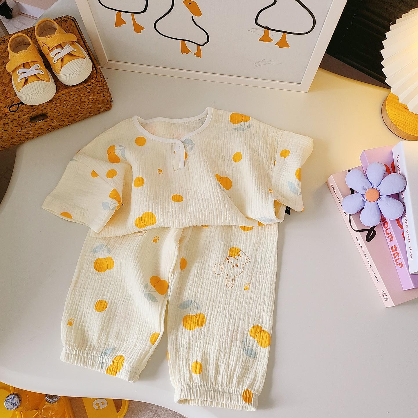

2025 Korean Style Kids Double-Layer Cotton Gauze Short-Sleeve Pajamas with Seven-Sleeve Option 150 cm