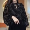 Vintage Laternenärmel Spitze Bluse Hemd Französischer Chic Beflockung Locker Pullover Sexy Büro Dame Durchsichtig Chic Oberteile Kleidung