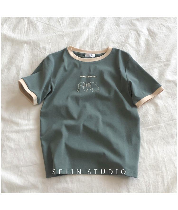 

Женская летняя приталенная футболка с короткими рукавами и цветными блоками - Повседневный корейский стиль One Size зелёный