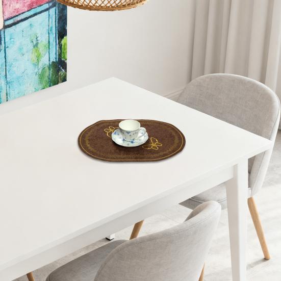 Linen Placemat Embroidery Butterflies Pattern Oval Heat-Resistant Stain-resistant Placemat Dining Accessories